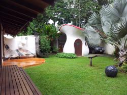 Jardin tropical, terraza delantera con sillon de mosaico, cola de dragon y garaje con forma de seta