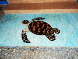 Entrada a casa en cemento pulido con diseño de tortuga sobre fondo de agua en acido